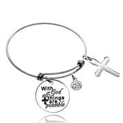 With God All Things Are Possible Inspirational Bangle Bracelet Stainless Steel Bible Quote Cross Bracelets