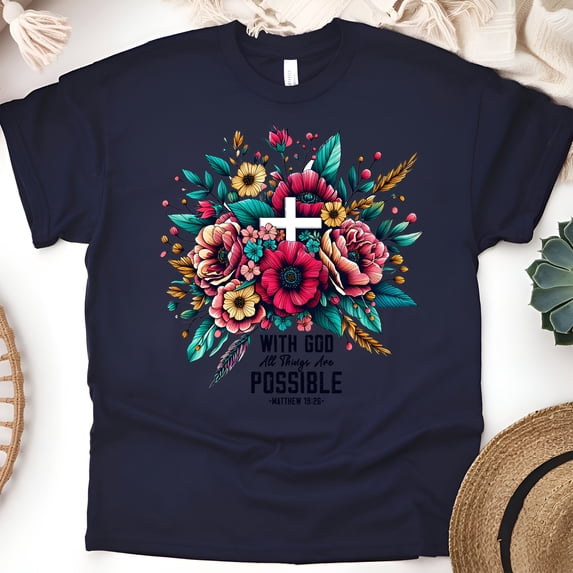 With God All Things Are Possible Matthew 19:26 Bible Verse T-Shirt, Navy, Size 3XL
