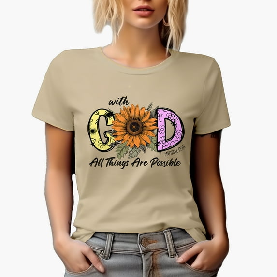 With God All Things Are Possible Matthew 19 26 with Sunflower Art Merch Gift, Tan T-Shirt, Medium