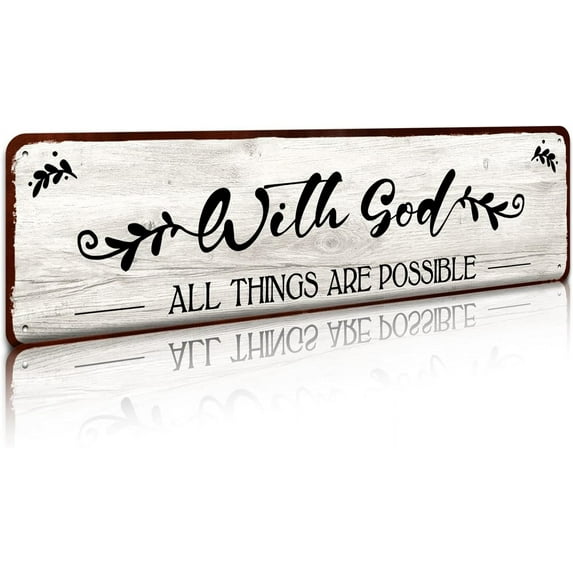 With God All Things Are Possible Metal Tin Sign Bible Verses Wall Decor, Scripture Wall Art, 4x16 Inch