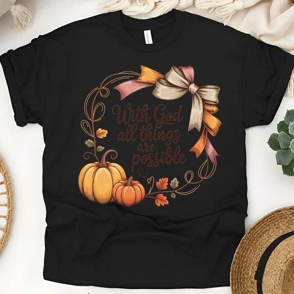 With God All Things Are Possible Pumpkin T-Shirt | Christian Fall Inspirational Tee, Black, Size S
