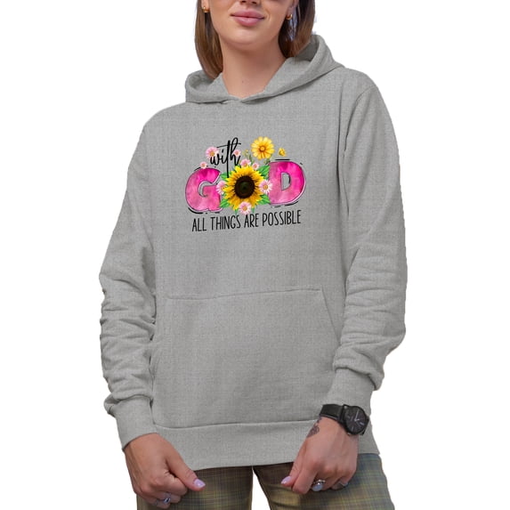 With God, All Things Are Possible Quote with Sunflower Art Merch Gift, Heather Grey Hooded Sweatshirt or Hoodie, 2XL