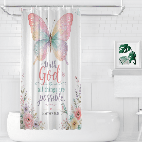 With God All Things Are Possible Rainbow Butterfly Polyester Shower Curtains, 36" x 72"