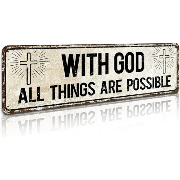 With God All Things Are Possible,Religious Wall Decor,Scripture Wall Art,Catholic Christian Gifts for Men, 4" by 16" Tin Plaque for Home