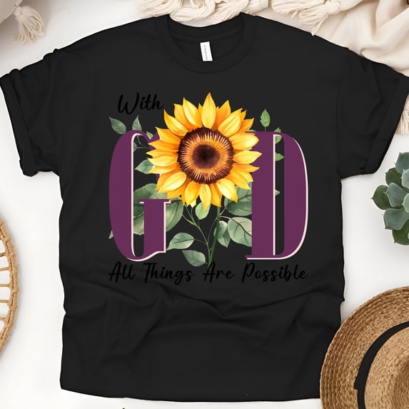 With God All Things Are Possible Sunflower Christian T-Shirt for Women, Black, Size XL