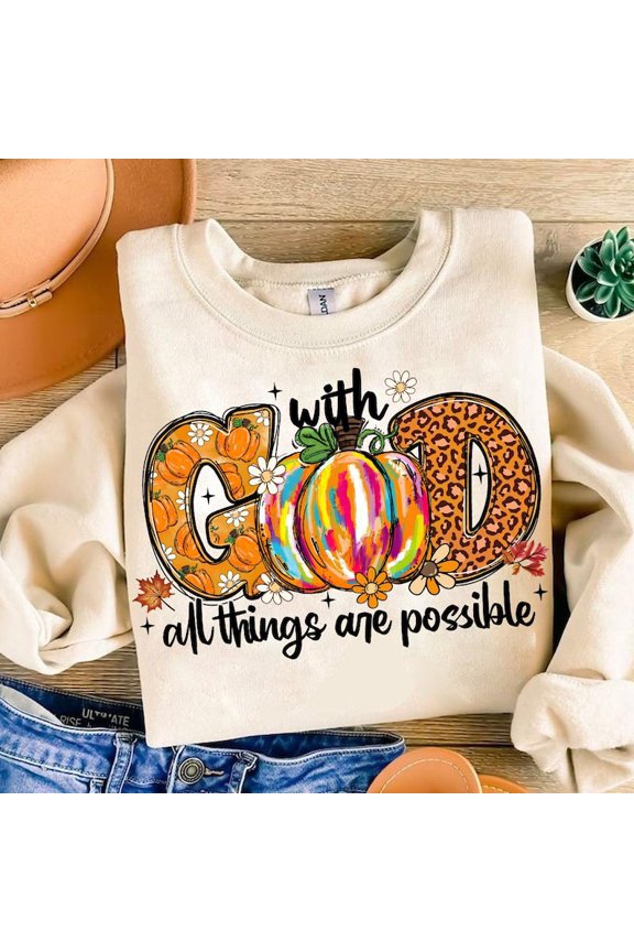 With God All Things Are Possible Sweater, Retro Fall Pumpkin Christian Autumn Leopard Sweatshirt