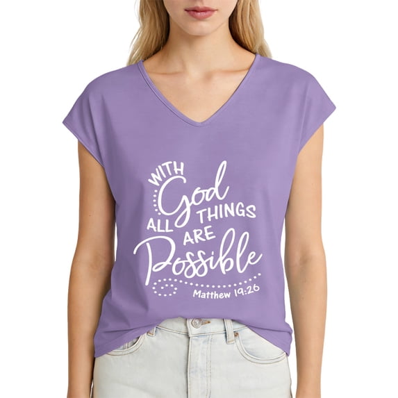 With God All Things Are Possible Womens T Shirts, Short Sleeve V-Neck Shirts Cute Fit Summer Casual Tee Tops Dopamine Color Purple 3XL