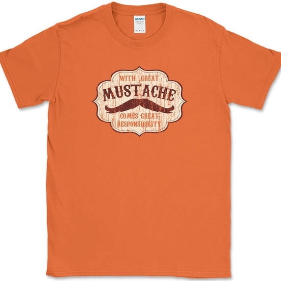 With Great Mustache Comes Great Responsibility T-Shirt Funny Joke Humor Tee - Orange, L
