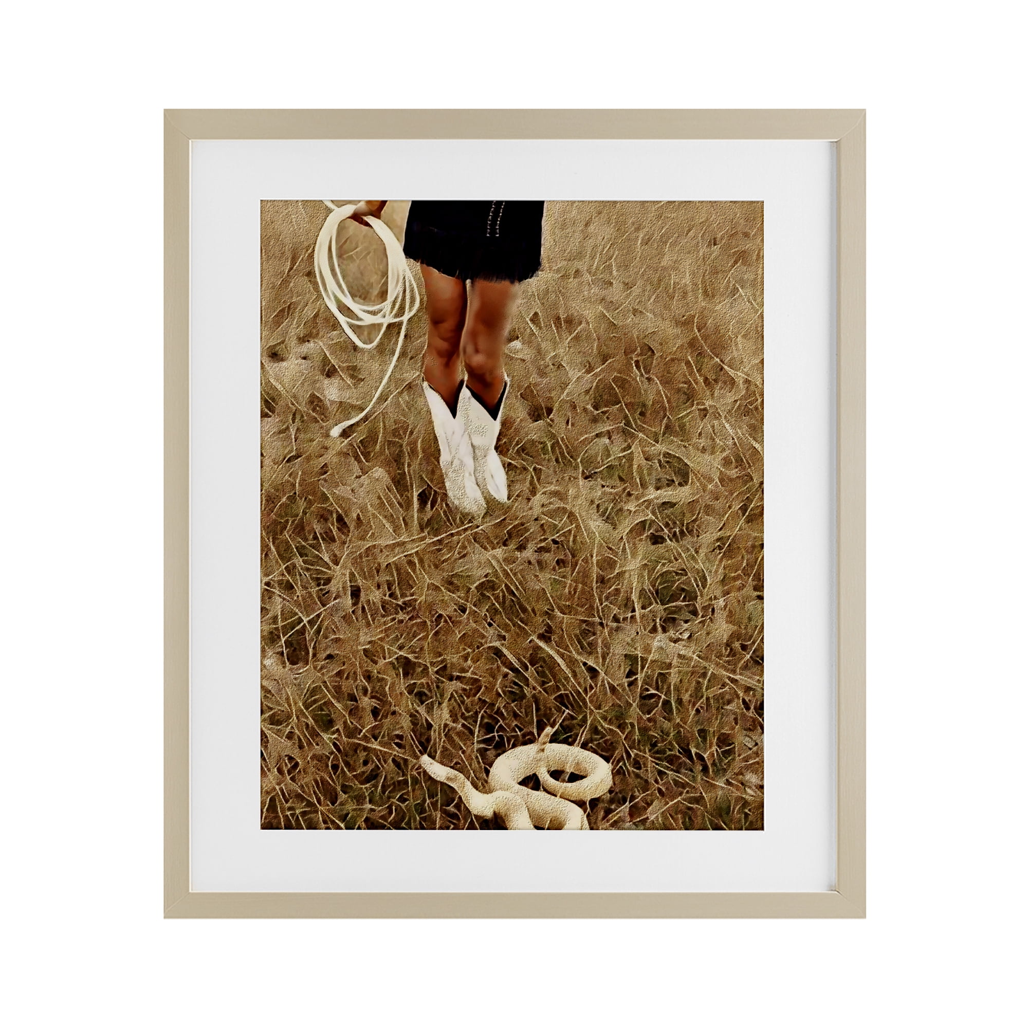 With Her Lasso & Snake Birch Framed Print Under Glass, design by Jesse Keith
