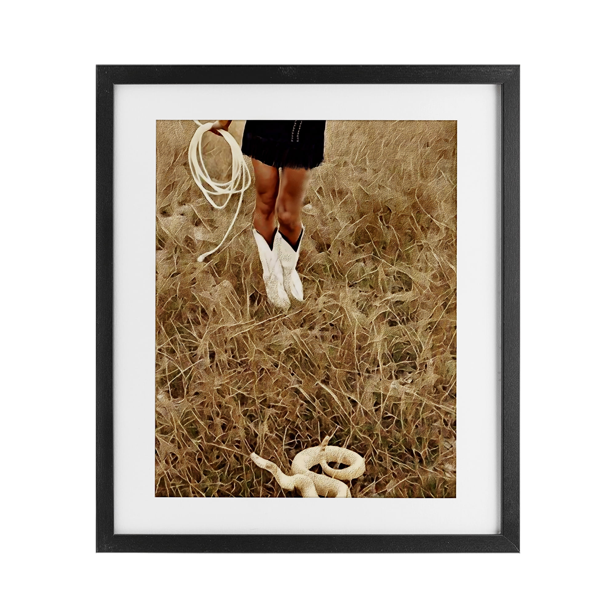With Her Lasso & Snake Black Framed Print Under Glass, design by Jesse Keith