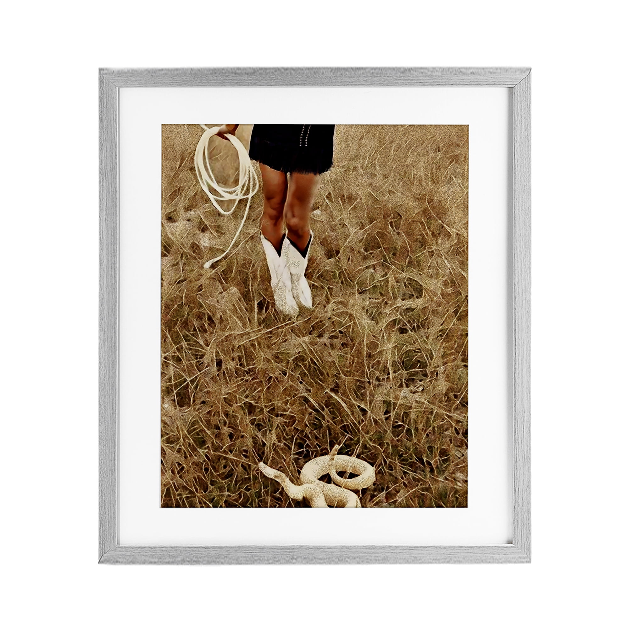 With Her Lasso & Snake Gray Framed Print Under Glass, design by Jesse Keith