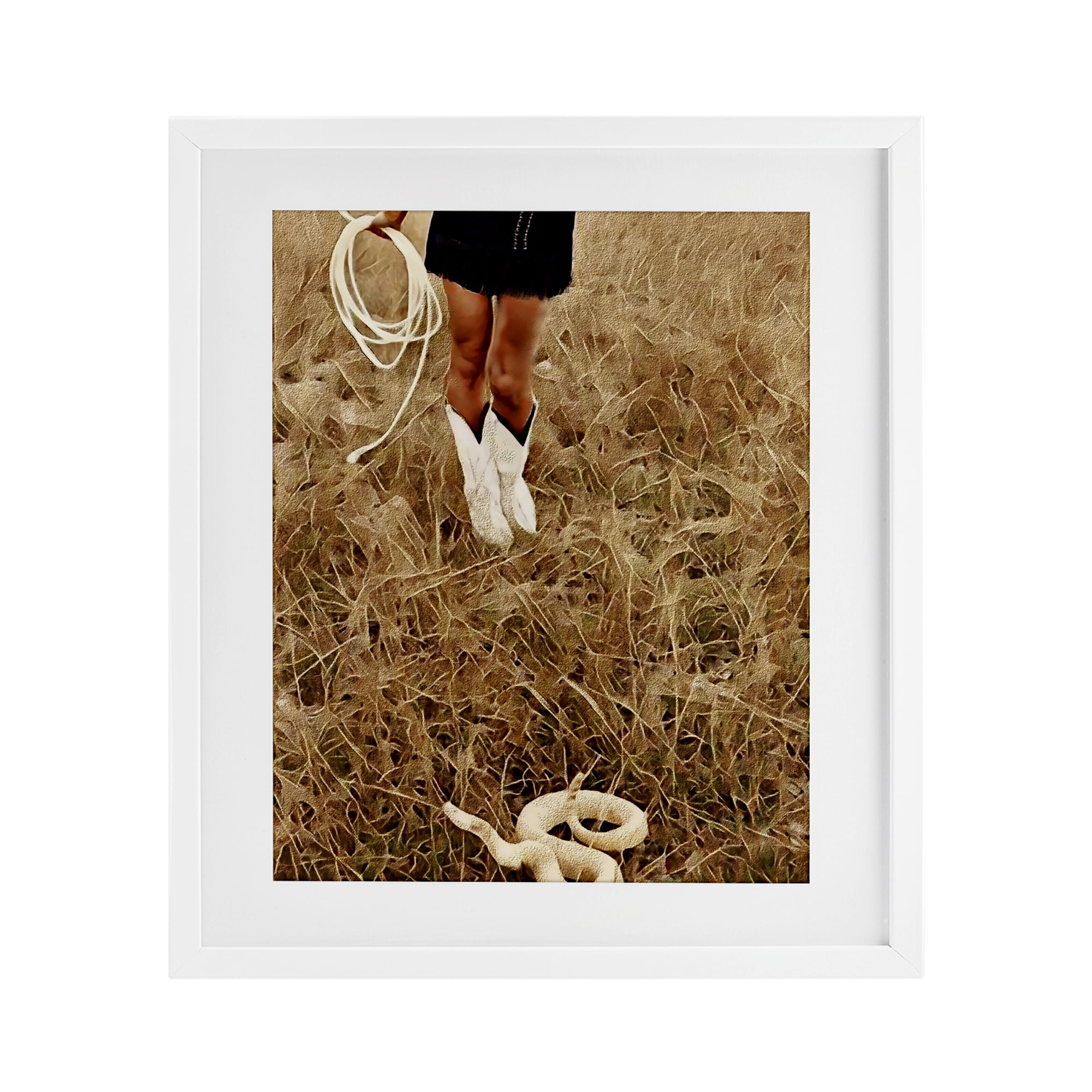 With Her Lasso & Snake White Framed Print Under Glass, design by Jesse Keith