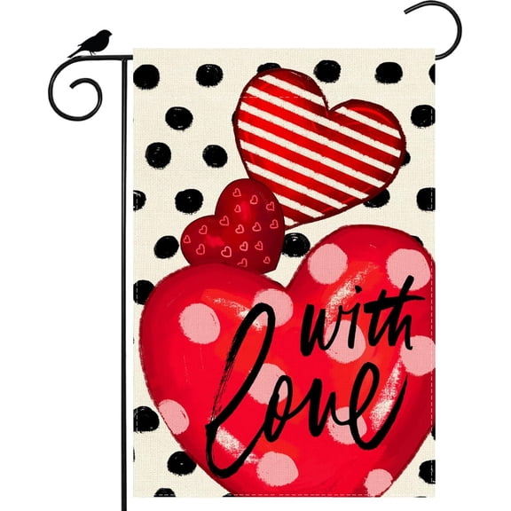 With Love Valentine’s Day Garden Flag Romantic Love Heart Yard Flag 12x18 Inch Double Sided Small Mini Yard Outdoor Outside Holiday Decoration