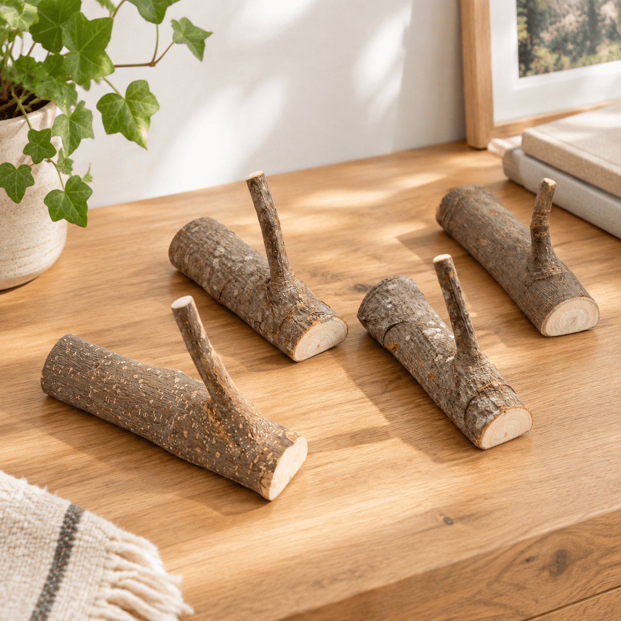 With Tree Bark 4-5 cm 4 Pack Real Wood Tree Branch Wall Hooks Rustic ...
