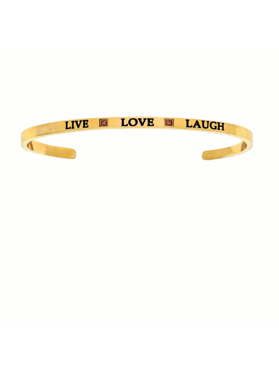 With Yellow Finish Satin Square Live Love Laugh Cuff Bangle Bracelet, 7"