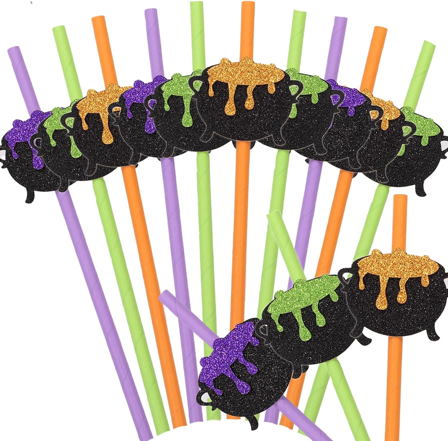 Withch Party Straws, 24Pcs Halloween Paper Straws with Glitter Witch Jar Toppers Orange Purples Green for Wicked One Birthday A Baby is Brewing Baby Shower Party Decortation Trick Treat Party Favors
