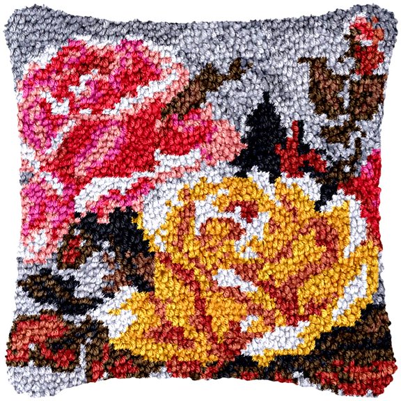 Withered Rose Latch Hook Kits Pillow Cover DIY Rug Making Crochet Hook Cushion Making Kits with Preprinted Pattern Canvas DIY Needlework Crochet Kits Sofa Decor 43x43cm