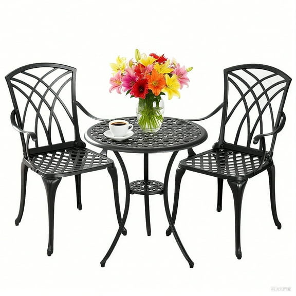 Withniture 3-Piece Cast Aluminum Patio Bistro Furniture Set, Patio Bistro Set with Umbrella Hole Rust-Resistant Outdoor Bistro Set, Black