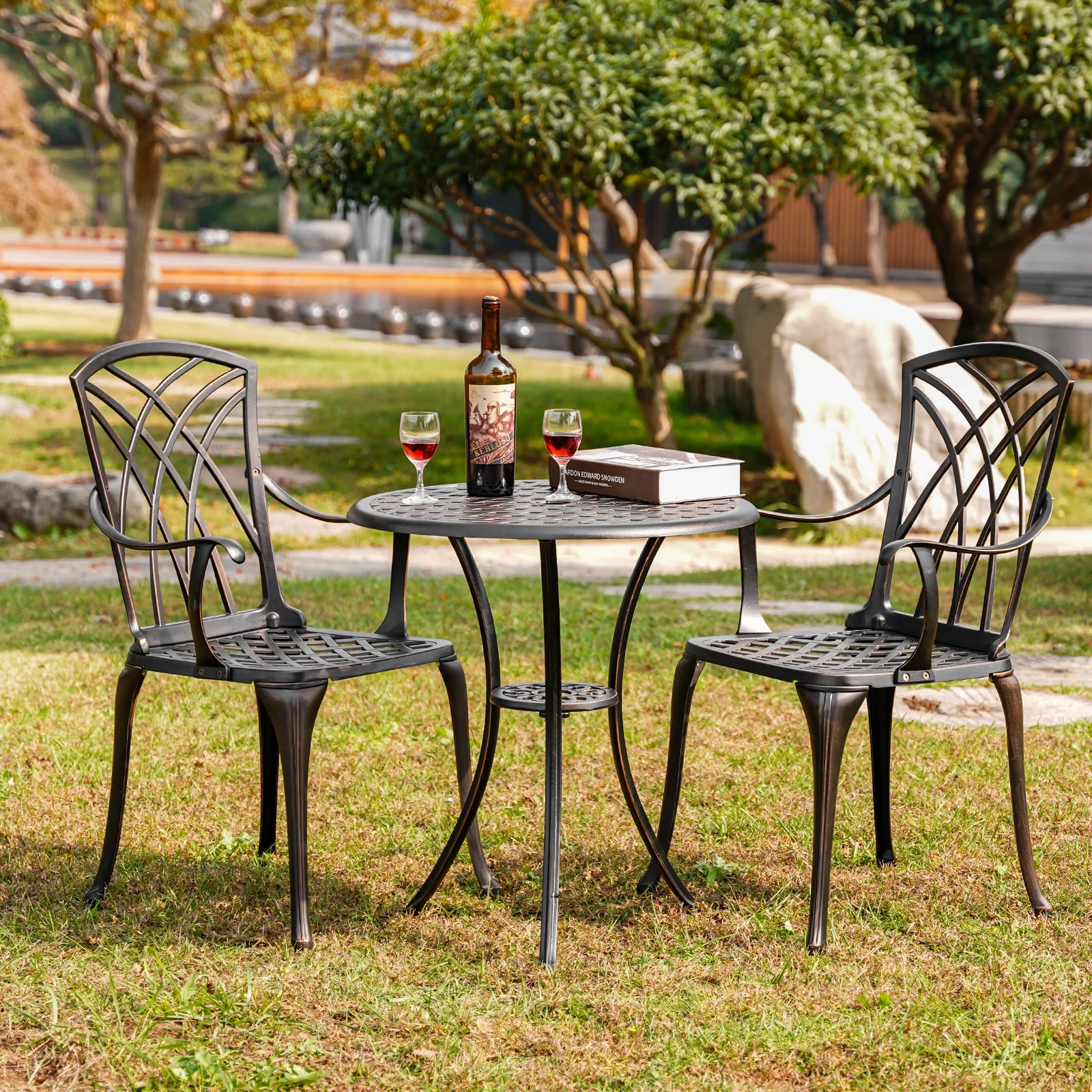 Withniture 3 Piece Cast Aluminum Patio Bistro Set, Bronze Outdoor Table ...