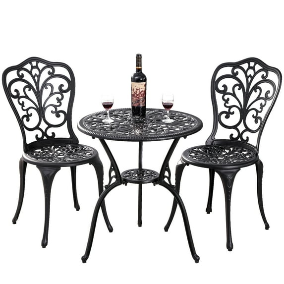 Withniture 3 Piece Outdoor Bistro Set, All Weather Cast Aluminum Patio Dining Table and Chairs with 2" Umbrella Hole, Black
