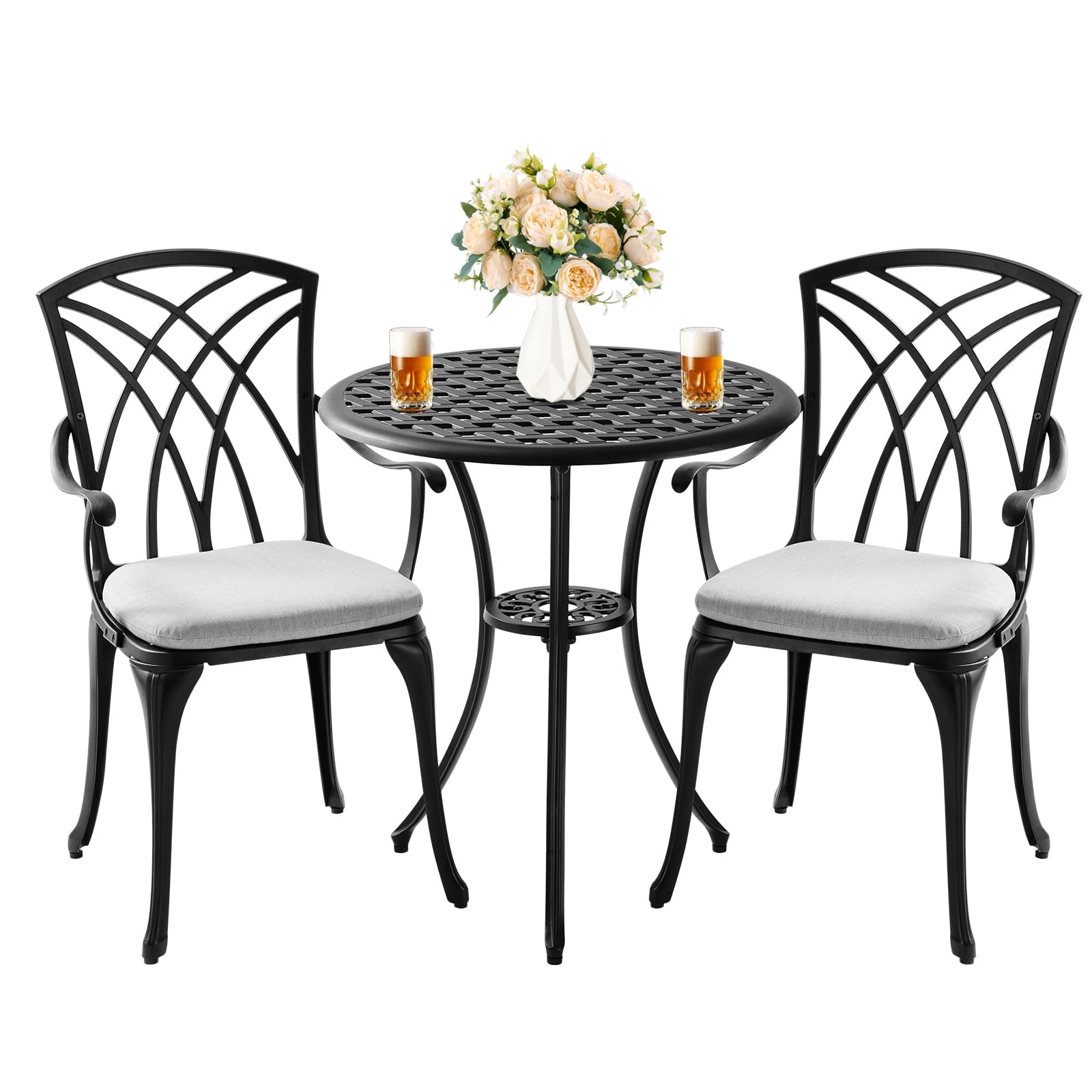 Withniture 3 Piece Patio Bistro Set, Cast Aluminum, Cushions, Umbrella ...