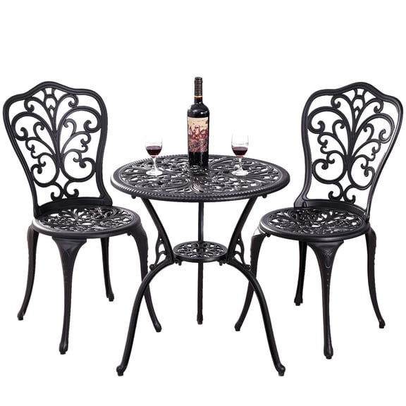 Withniture 3pcs Outdoor Bistro Set, Cast Aluminum Patio Dining Table and Chairs with 2" Umbrella Hole,for Front Porch, Garden Black