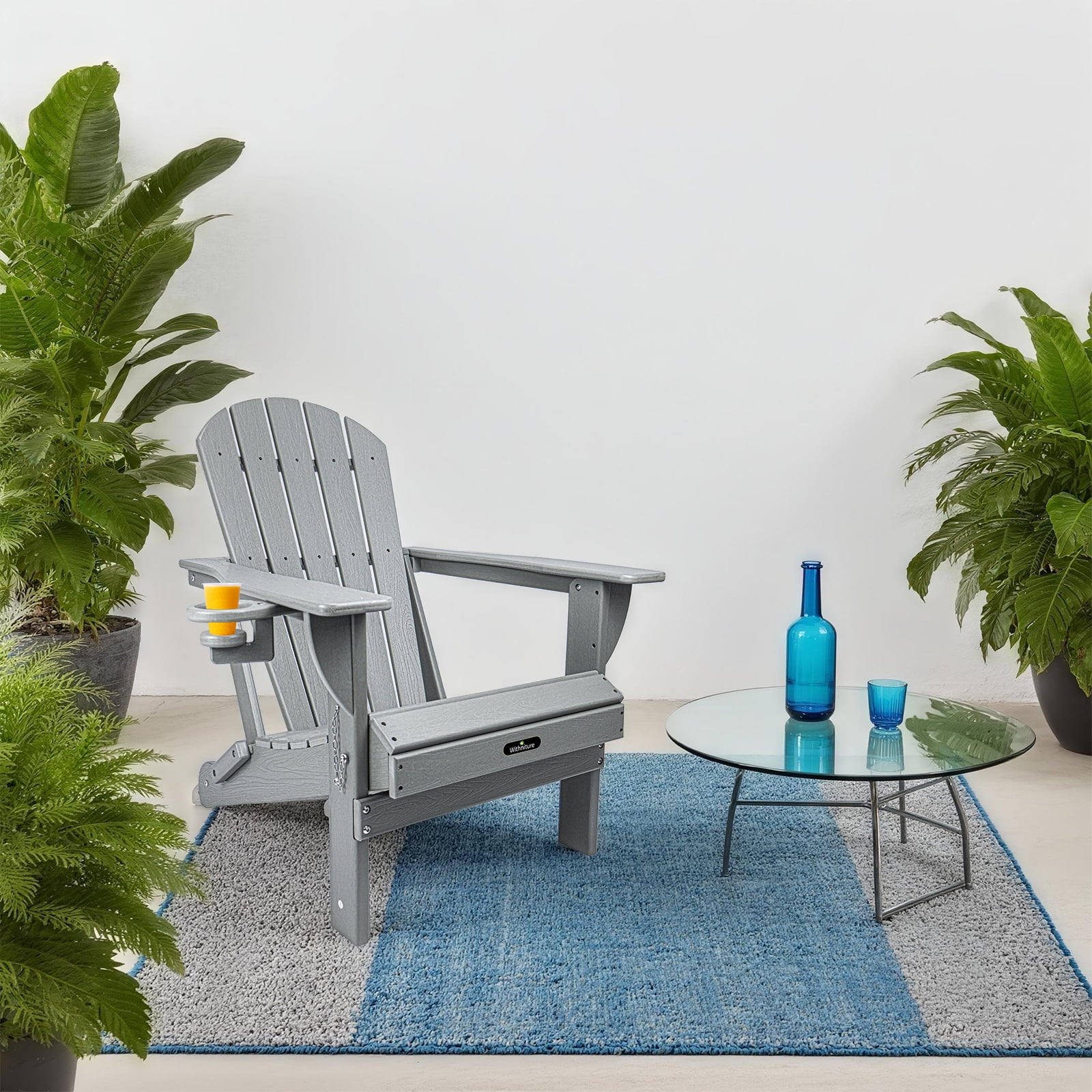 Withniture Folding Adirondack Chair, All-Weather HDPE Patio Chair with Cup Holder, Fire Pit Chair for Patio Lawn Garden Backyard Deck,Grey