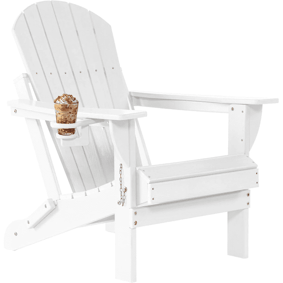 Withniture Folding Adirondack Chair Wood Texture, Patio Chair Weather Resistant, Wood Plastic Fire Pit Chair with Cup Holder, for Lawn Outdoor Porch Garden Backyard Deck(White)