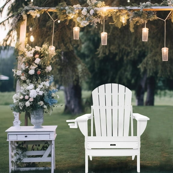 Withniture Folding Adirondack Chair Wood Texture, Patio Chair Weather Resistant, Wood Plastic Fire Pit Chair with Cup Holder, for Lawn Outdoor Porch Garden Backyard Deck (White)