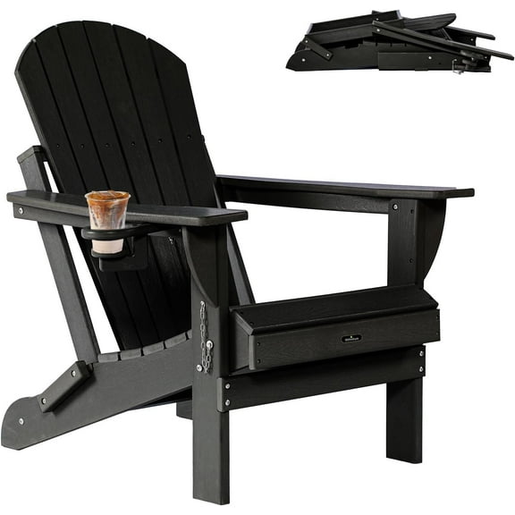 Withniture Folding Adirondack Chairs with Cup Holder, HDPE Adirondack Wood Textured Chairs for Terrace, Lawn, Garden, Backyard Deck(Black)