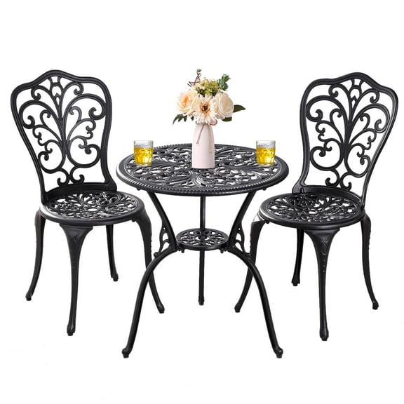 Withniture Outdoor Patio Bistro Sets 3 Piece Bistro Table Set Cast Aluminum Patio Set with Umbrella Hole Black