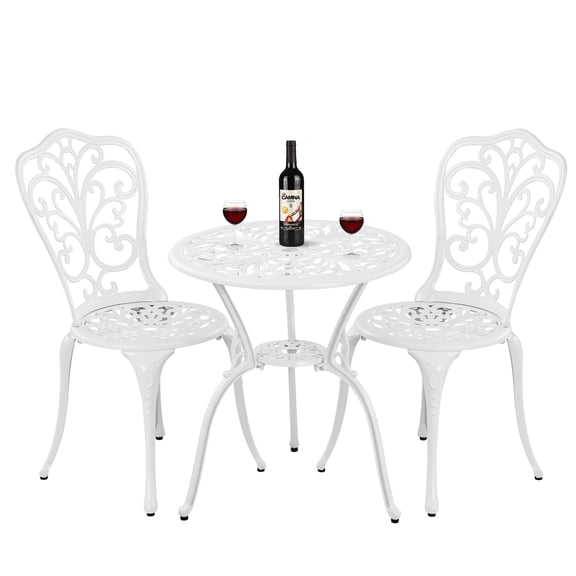 Withniture White Cast Aluminum 3-Piece Outdoor Bistro Set, Patio Table and Chairs with Umbrella for Balcony, Garden