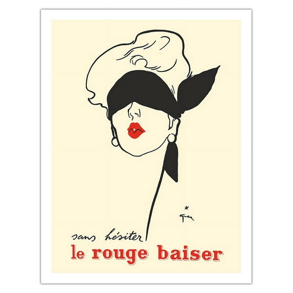 Without Hesitation (Sans Hésiter ) “Kiss-Proof” Lipstick (Le Rouge Baiser) - Woman Blindfolded - Vintage Advertising Poster by Rene Gruau 1949 - Fine Art Matte Paper Print (Unframed) 20x26in