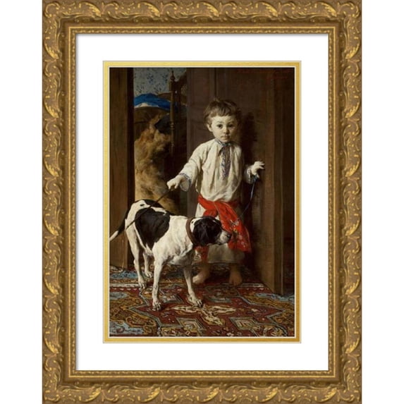 Witold Pruszkowski 14x18 Gold Ornate Wood Frame and Double Matted Museum Art Print Titled - Artist's Son with a Dog (1881)
