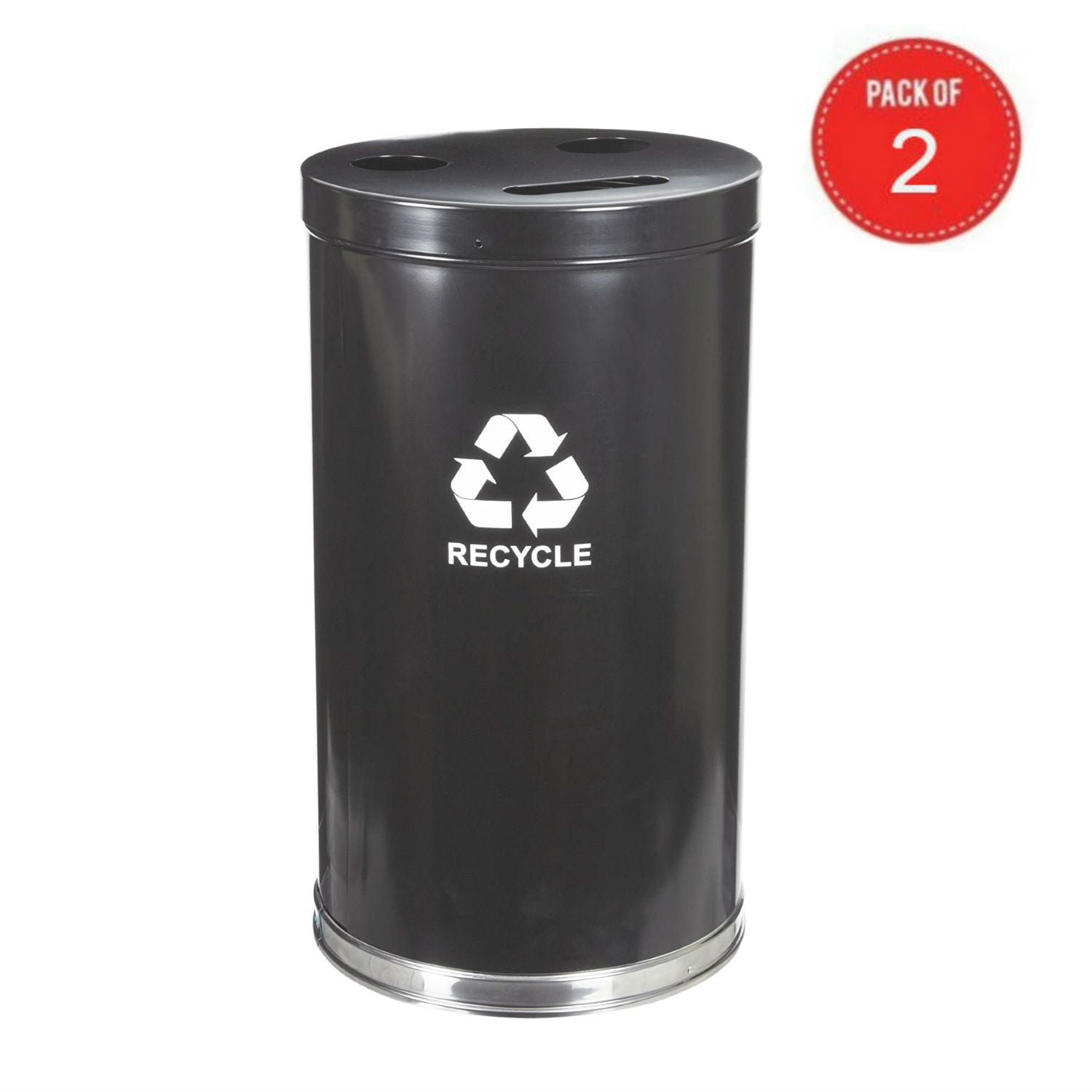 Witt Industries Steel 33-Gallon 3 Opening Recycling Container with 3 Plastic Liners, Legend "Recycle", Round, Black (Pack of 2)