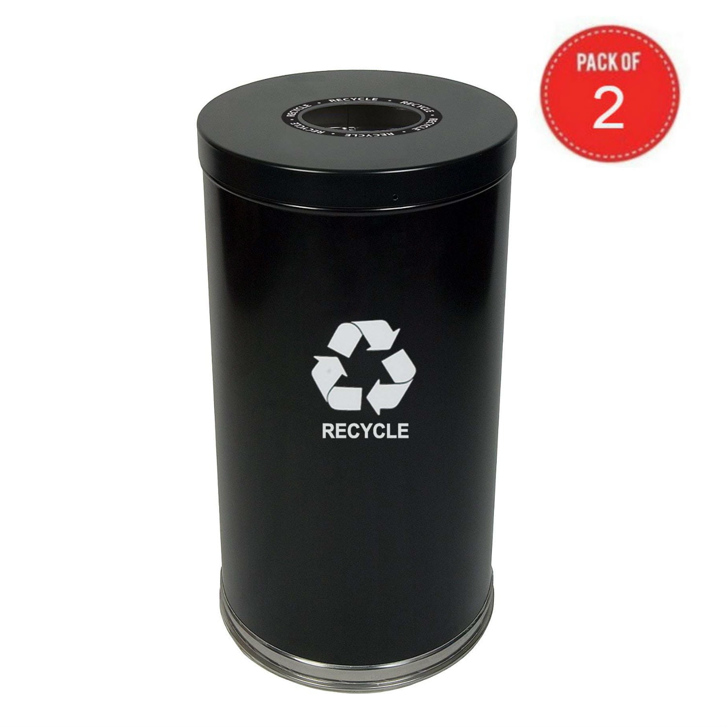 Witt Industries Steel 35-Gallon 1 Opening Recycling Container with 1 Plastic Liner, Legend "Recycle", Round, Black (Pack of 2)