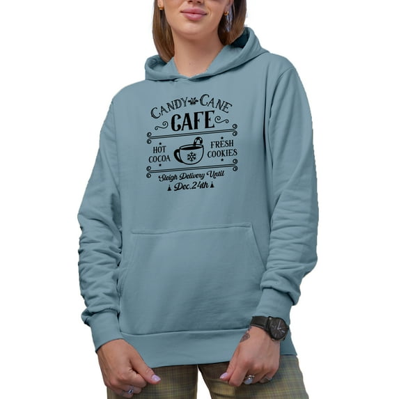 Witty Candy Cane Cafe, Hot Cocoa, Fresh Cookies, Christmas Shop Sign Art Merch Gift, Light Blue Hooded Sweatshirt or Hoodie, Medium
