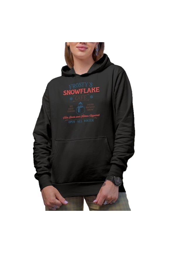 Witty Frosty's Snowflake Cafe with a Snowman, Christmas Shop Sign Merch Gift, Black Hooded Sweatshirt or Hoodie, Large