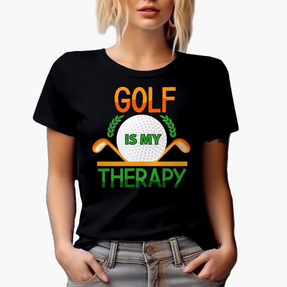 Witty Golf Is My Therapy with a Ball & Clubs, Golf Player, Golfing or Golfer Themed Merch Gift, Black T-Shirt, Small