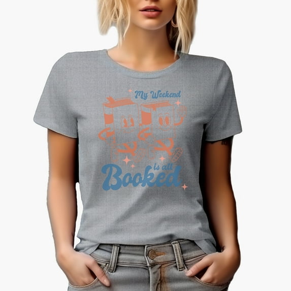 Witty My Weekend Is All Booked Pun Quote with Books Art Book Lover Merch Gift, Heather Grey T-Shirt, Large