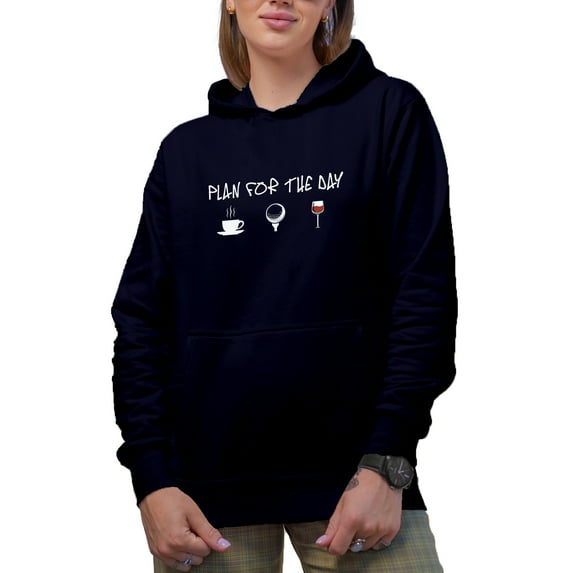 Witty Plan for the Day with Coffee, Ball & Wine, Golf Player, Golfing or Golfer Themed Merch Gift, Navy Blue Hooded Sweatshirt or Hoodie, Medium