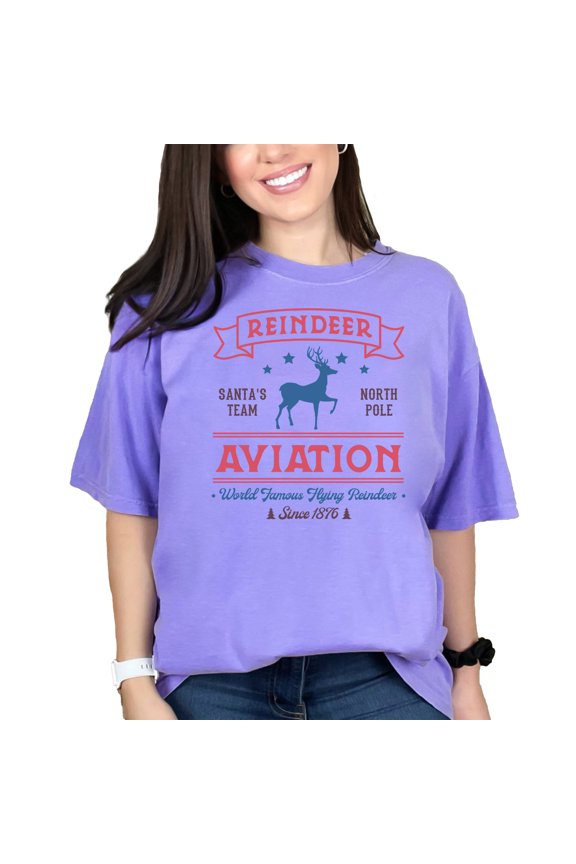 Witty Reindeer Aviation, Santa's Team, Vintage Christmas Sign Merch, Violet Comfort Colors T-Shirt, Large
