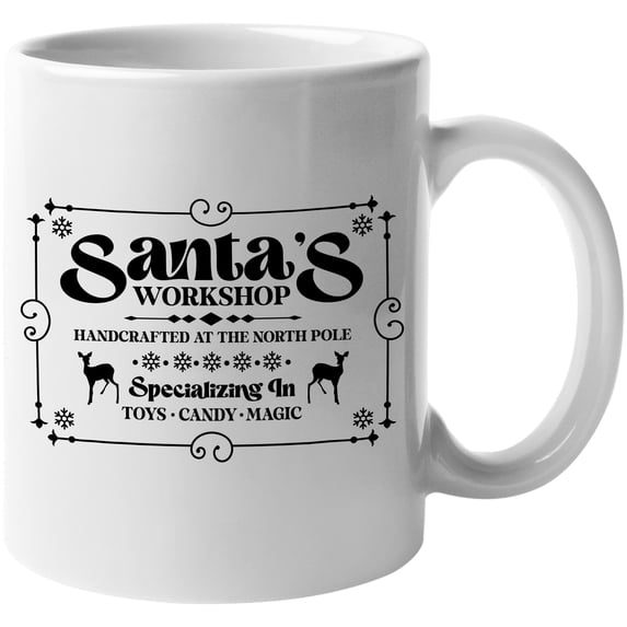 Witty Santa's Workshop, Handcrafted at the North Pole, Christmas Shop Art Merch Gift, White 11oz Ceramic Mug