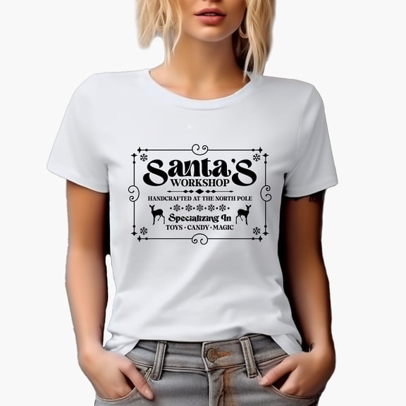 Witty Santa's Workshop, Handcrafted at the North Pole, Christmas Shop Art Merch Gift, White T-Shirt, Small