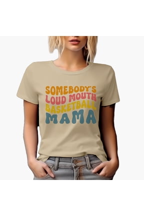 Witty Somebody's Loud Mouth Basketball Mama, Groovy Retro Wavy Text Merch Gift, Tan T-Shirt, Small