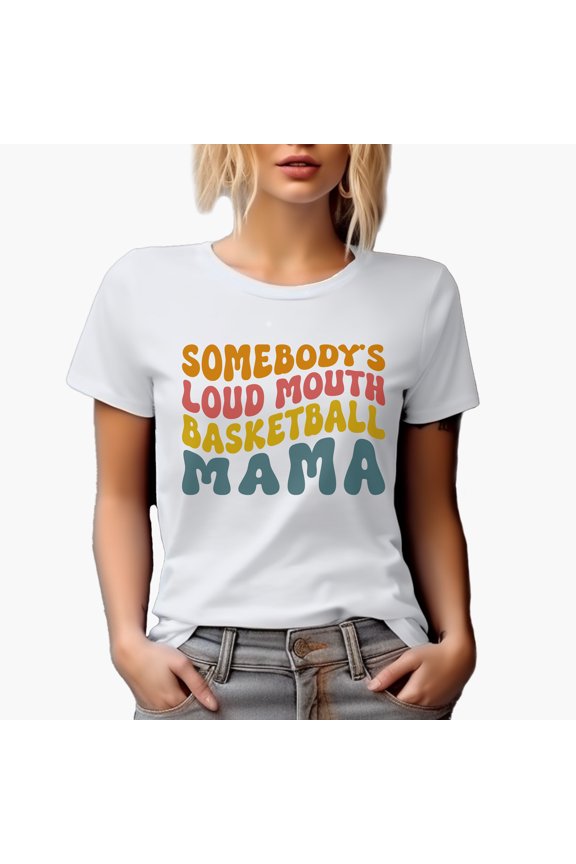 Witty Somebody's Loud Mouth Basketball Mama, Groovy Retro Wavy Text Merch Gift, White T-Shirt, Small