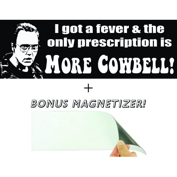 Witty Yeti 3” x 9” Black and White "More Cowbell" Bumper Sticker & Magnetizer with Walken, 2 Pack