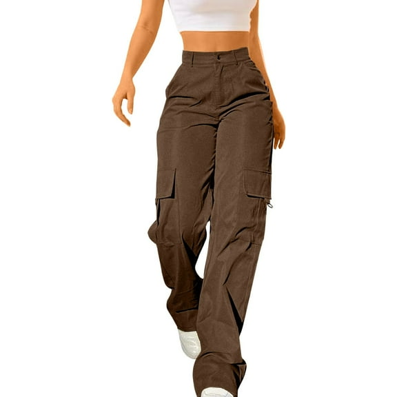 Wiueurtly Cargo Pants for Women Womens Daily Elastic Waist Pockets Straight Solid Color Casual Loose Long Trousers High Waisted Trousers Brown