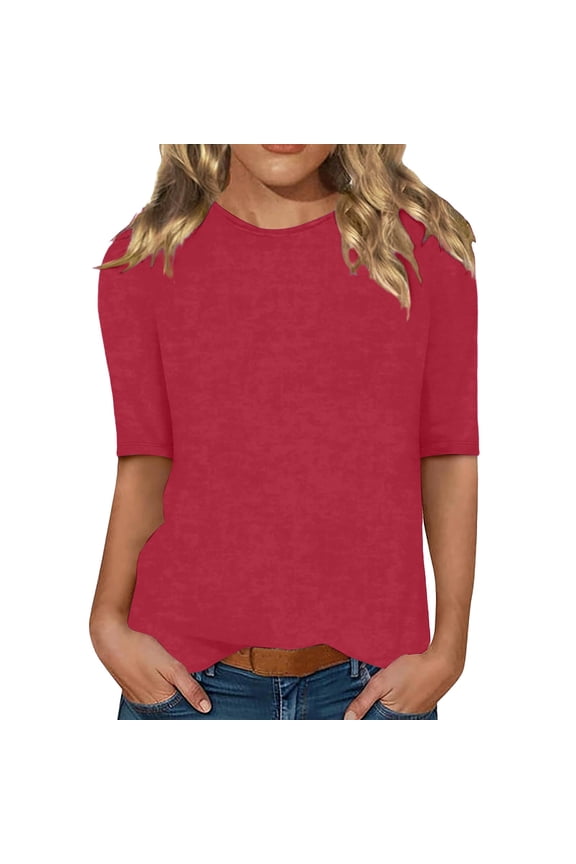 Elbow Sleeve Tops Women 3/4 Length Womens 4th of July Shirts Casual Crewneck USA Flag And Stripes Patriotic T Crew Neck T Shirts Red