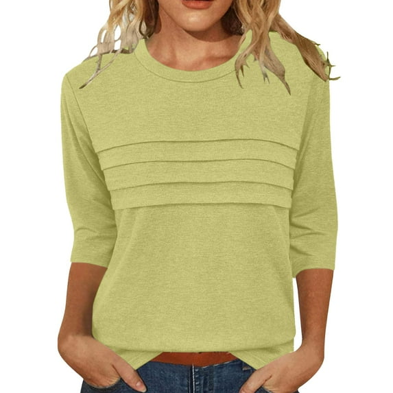Wiueurtly Elbow Sleeve Tops Women Summer for Trendy 2025 Causal 3/4 Length Tunic Shirts Loose Comfy Solid Crewneck Blouses Crew Neck T Shirts Yellow